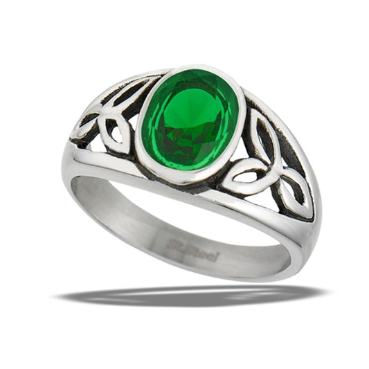 Emerald CZ Celtic Filigree Trinity Knot Ring New Stainless Steel Band Sizes 6-10