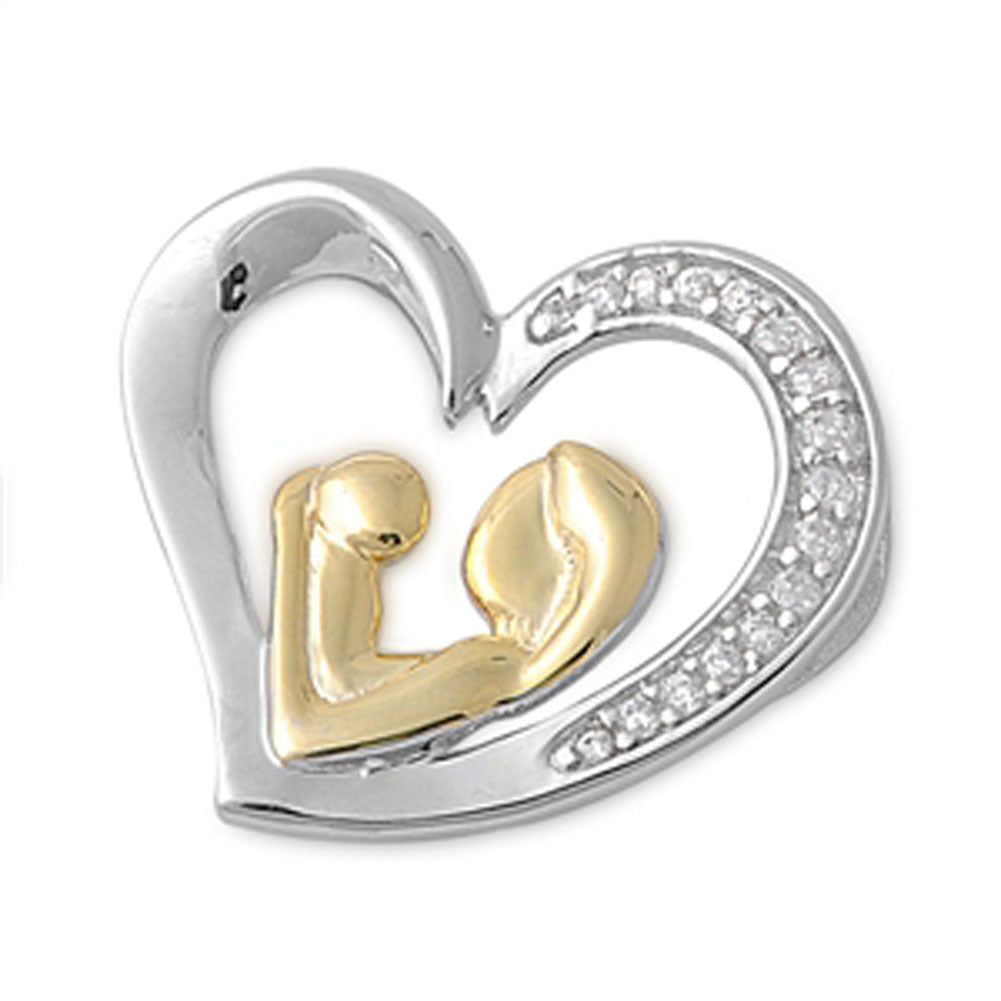 Gold-Tone Dual Toned Heart Pendant Clear Simulated CZ .925 Sterling Silver Charm