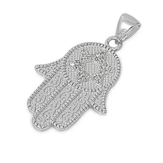 Hamsa Ornate Hand of God Pendant Clear Simulated CZ .925 Sterling Silver Charm