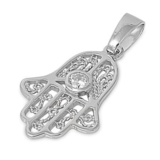 Hamsa Cutout Hand of God Pendant Clear Simulated CZ .925 Sterling Silver Charm