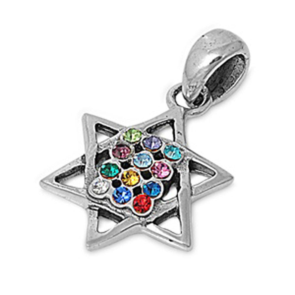 Festive Multi Color Star of David Pendant .925 Sterling Silver Rainbow Charm