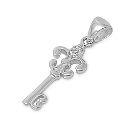 Sterling Silver Fleur De Lis Vintage Skeleton Key Pendant Clear Simulated CZ