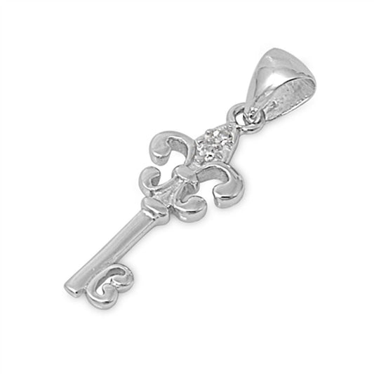 Sterling Silver Fleur De Lis Vintage Style Key Pendant Clear Simulated CZ Charm