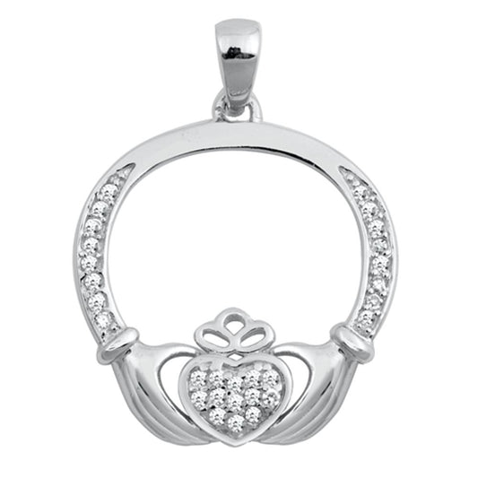 Celtic Claddagh Hoop Pendant Clear CZ .925 Sterling Silver Charm