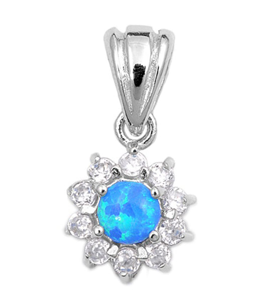 Sterling Silver Halo Sun Burst Round Pendant Light Blue Simulated Opal Charm