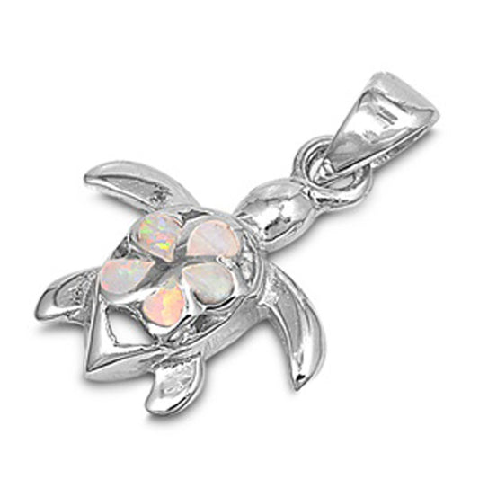 Sterling Silver Plumeria High Polish Turtle Pendant White Simulated Opal Charm