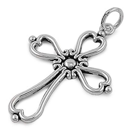 Elongated Heart Ornate Filigree Swirl Cross Pendant .925 Sterling Silver Charm