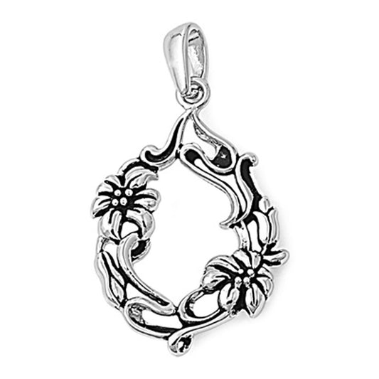 Plumeria Vintage Filigree Flower Crown Pendant .925 Sterling Silver Circle Charm