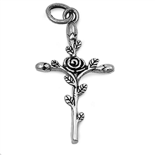 Rose Detailed Vine Cross Pendant .925 Sterling Silver Flower Leaf Branch Charm