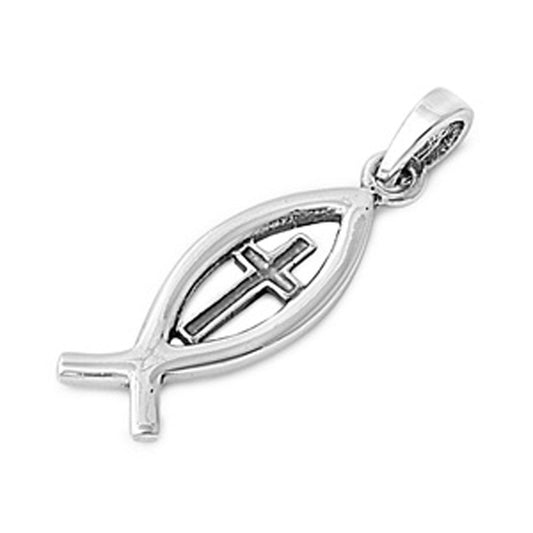 Ichthus Fish High Polish Cross Pendant .925 Sterling Silver Jesus Charm