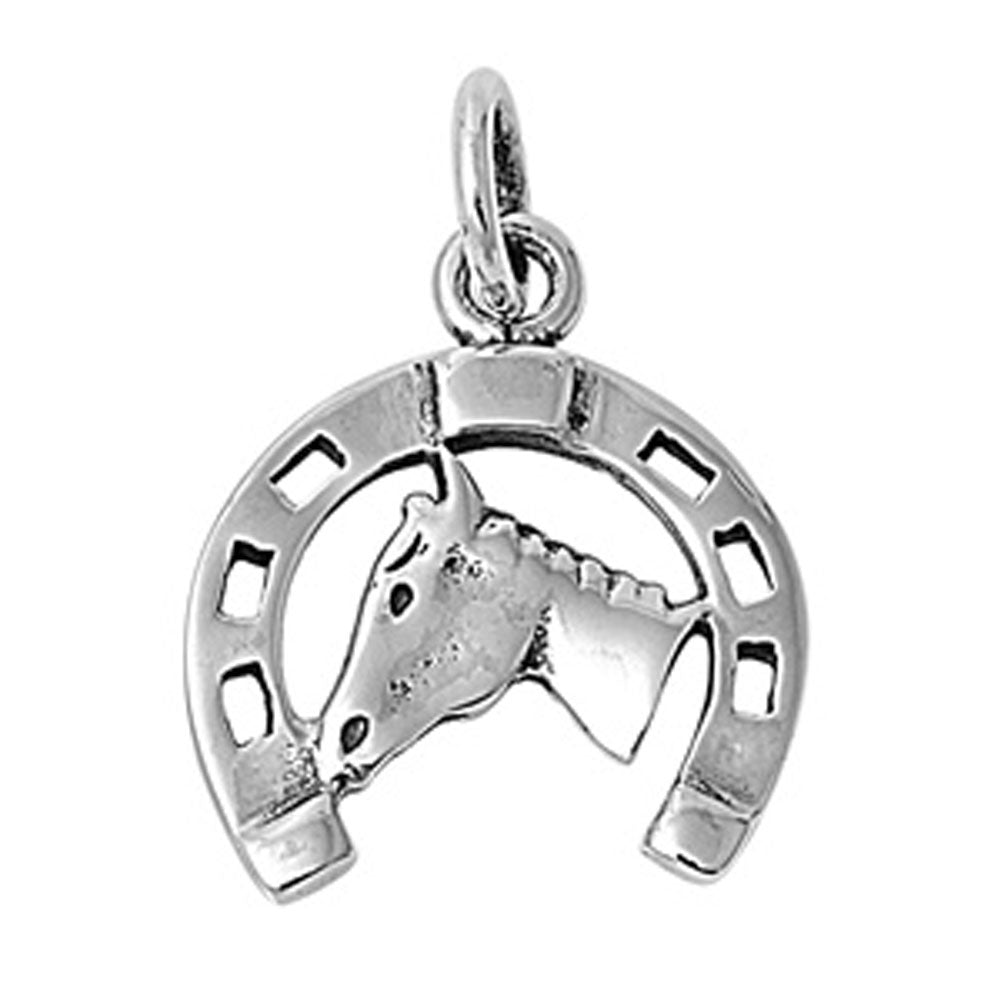 Horseshoe High Polish Horse Head Pendant .925 Sterling Silver Racing Lucky Charm