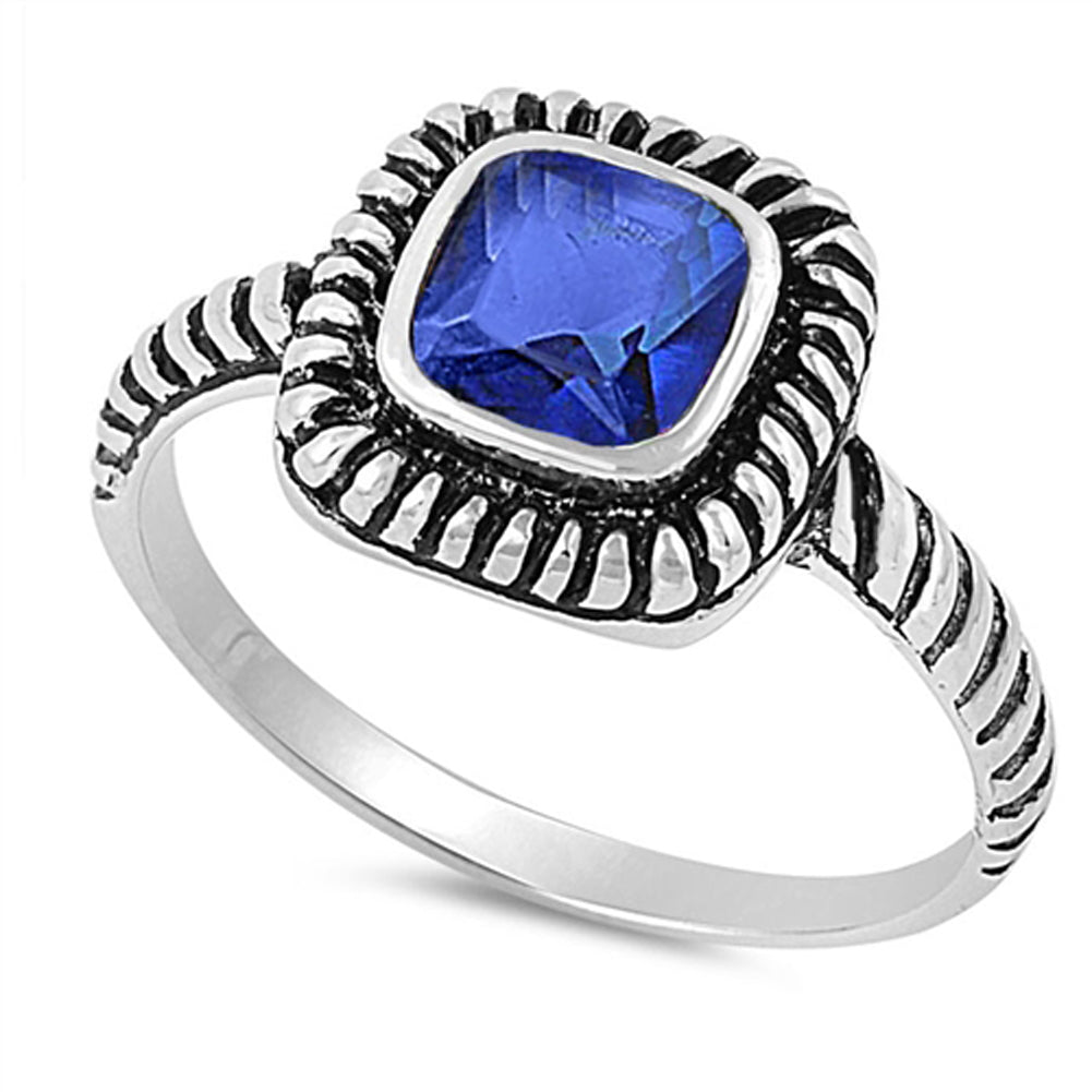 Blue Sapphire CZ Solitaire Bezel Ring New .925 Sterling Silver Band Sizes 4-9