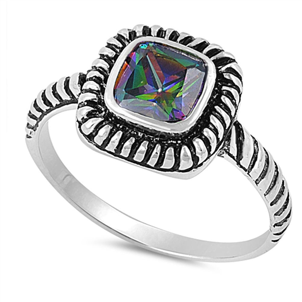 Rainbow Topaz CZ Unique Square Solitaire Ring Sterling Silver Band Sizes 5-10