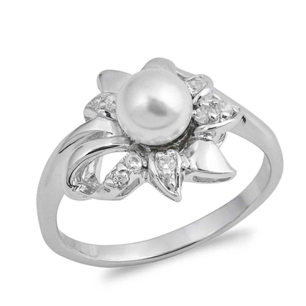 Clear CZ Freshwater Pearl Flower Ring New .925 Sterling Silver Band Sizes 5-9