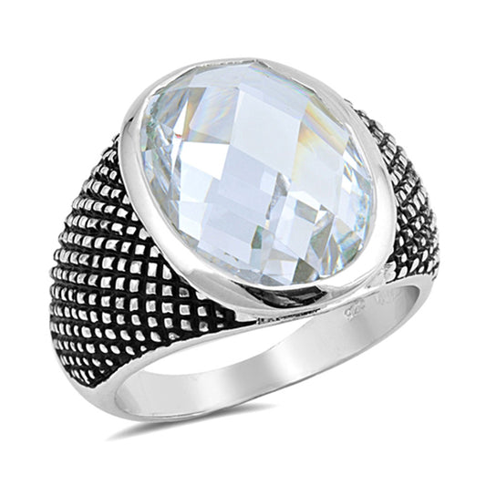 Oval White CZ Facet Men's Oxidized Ring New .925 Sterling Silver Band Sizes 6-10