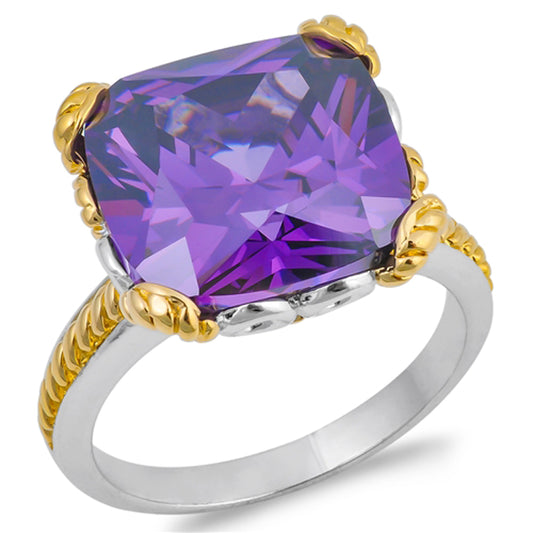 Large Oval Amethyst CZ Gold-Tone Rope Ring .925 Sterling Silver Band Sizes 6-10