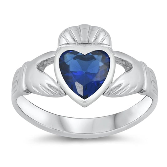 Blue Sapphire CZ Claddagh Heart Ring New .925 Sterling Silver Band Sizes 4-10