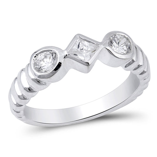 Clear CZ Square Circle Geometric Retro Ring .925 Sterling Silver Band Sizes 6-9