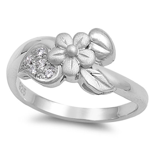 Clear CZ Hawaiian Plumeria Heart Flower Leaf Sterling Silver Ring Sizes 4-9