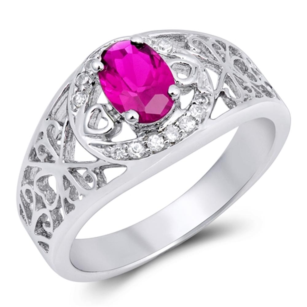 Oval Ruby CZ Filigree Halo Heart Promise Ring Sterling Silver Band Sizes 4-9