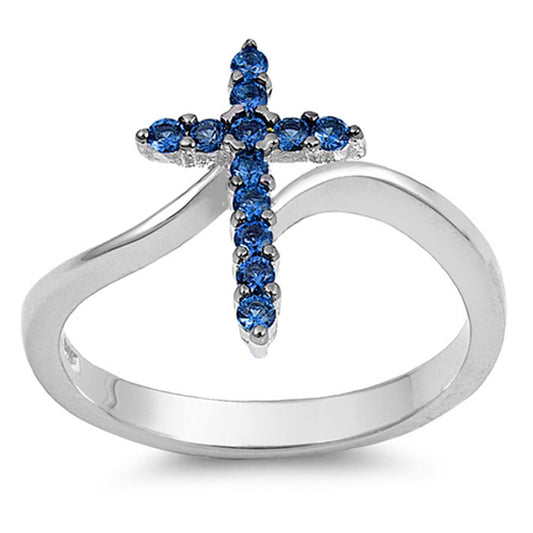 Cross Blue Sapphire CZ Wide Ring New .925 Sterling Silver Band Sizes 4-12