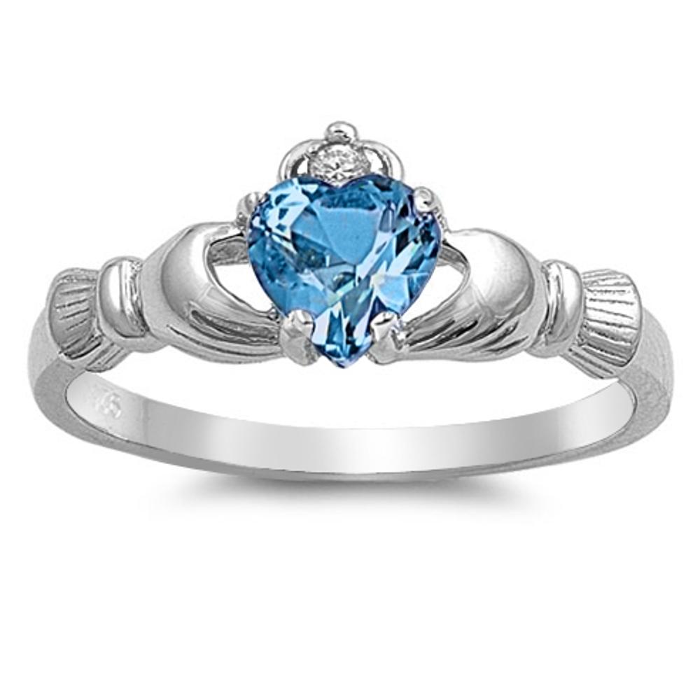 Sterling Silver Woman's Aquamarine CZ Irish Claddagh Sizes 3-13