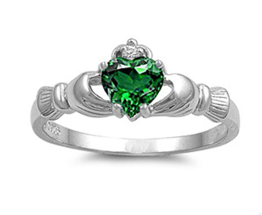 Sterling Silver Woman's Emerald CZ Claddagh Ring Irish 925 Band 9mm Sizes 3-13