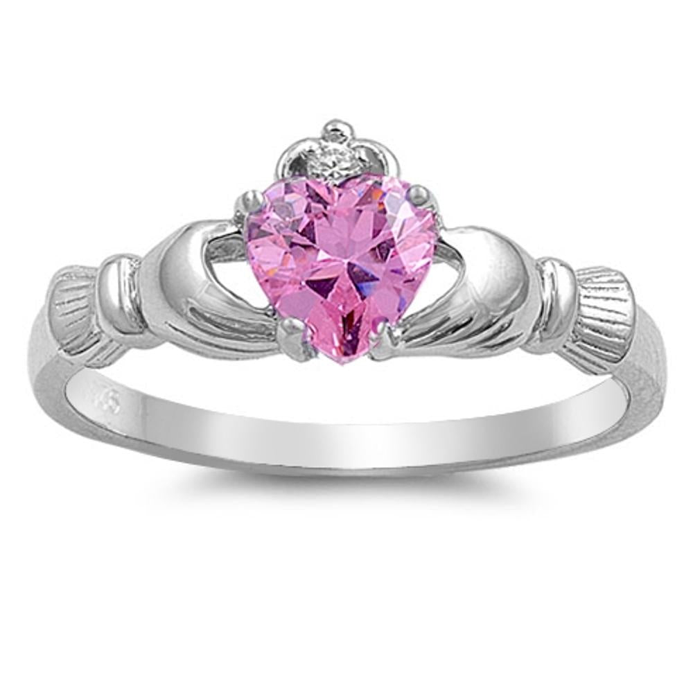 Pink CZ Heart Claddagh Promise Ring New .925 Sterling Silver Band Sizes 4-12