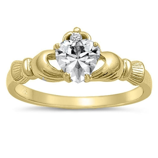 Gold Tone Claddagh Heart White CZ Ring New .925 Sterling Silver Band Sizes 3-12