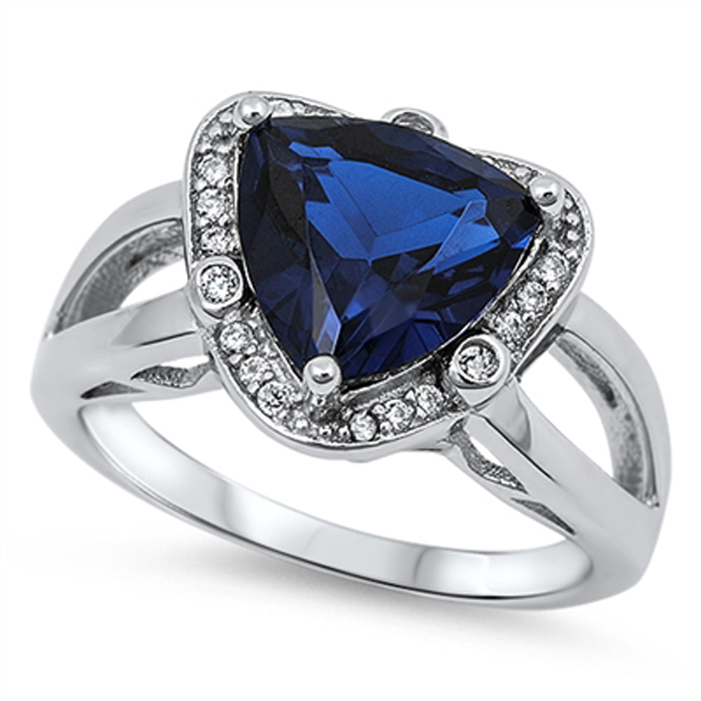 Blue Sapphire CZ Trillion Halo Engagement Ring Sterling Silver Band Sizes 5-11