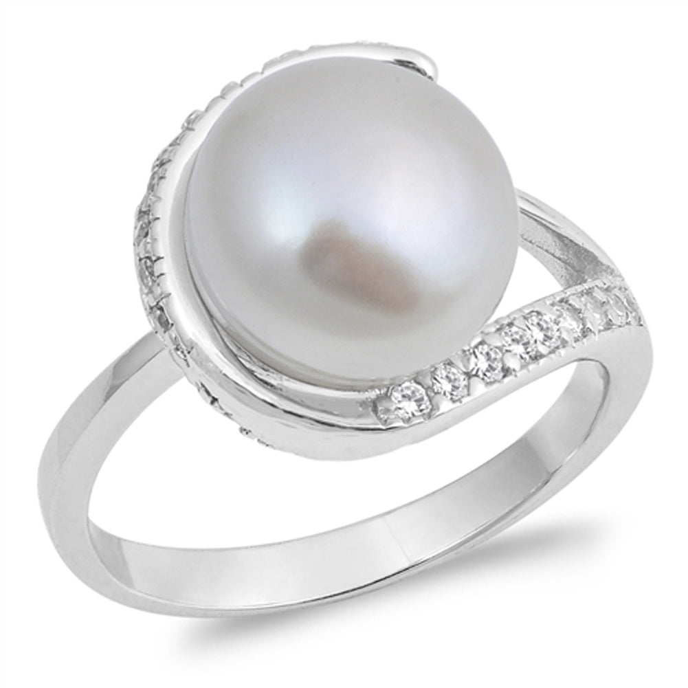 Clear CZ Freshwater Pearl Loop Ring New .925 Sterling Silver Band Sizes 5-10