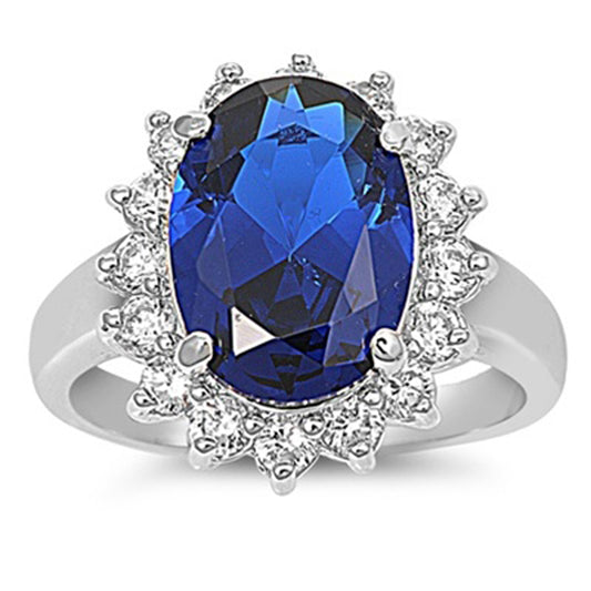 Blue Sapphire CZ Oval Flower Halo Ring New .925 Sterling Silver Band Sizes 5-10