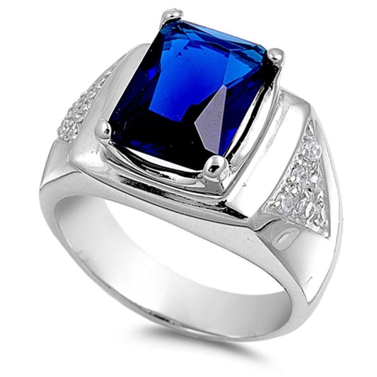 Sterling Silver Men's Blue Sapphire CZ Class Ring Classic Band 16mm Sizes 8-18