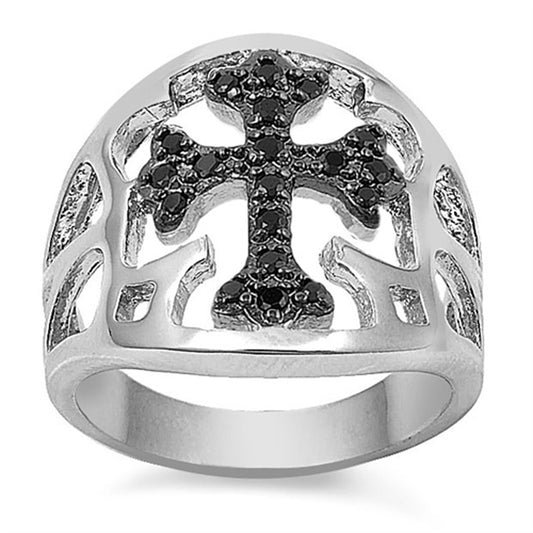 Black CZ Filigree Cross Wide Christian Ring .925 Sterling Silver Band Sizes 6-12