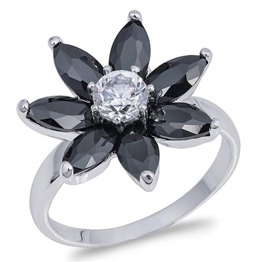 Clear CZ Plumeria Flower Round Prong Ring .925 Sterling Silver Band Sizes 5-9