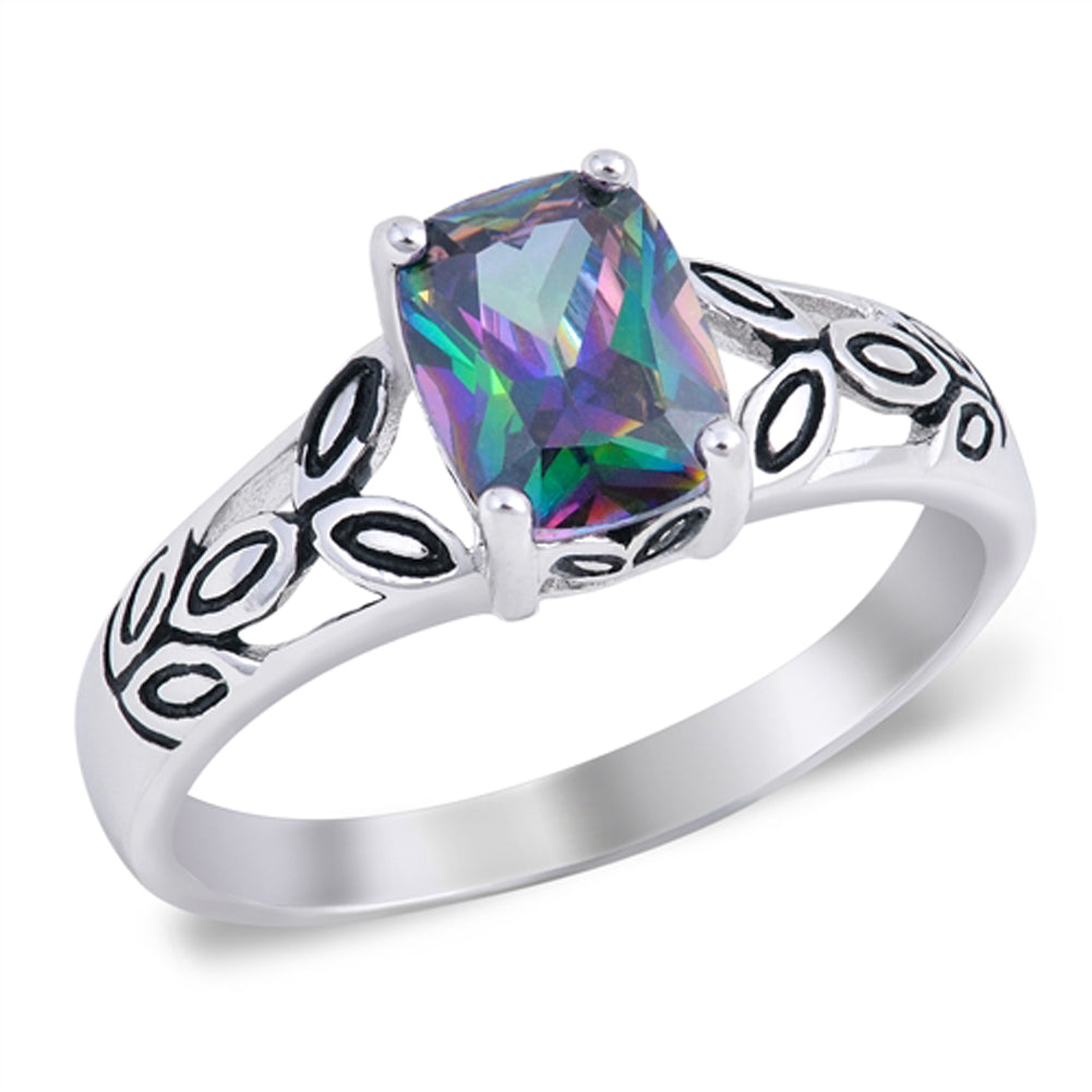 Rainbow Topaz CZ Leaf Cutout Solitaire Ring .925 Sterling Silver Band Sizes 5-10