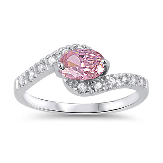 Pink CZ Curved Polished Elegant Ring New .925 Sterling Silver Band Sizes 5-10