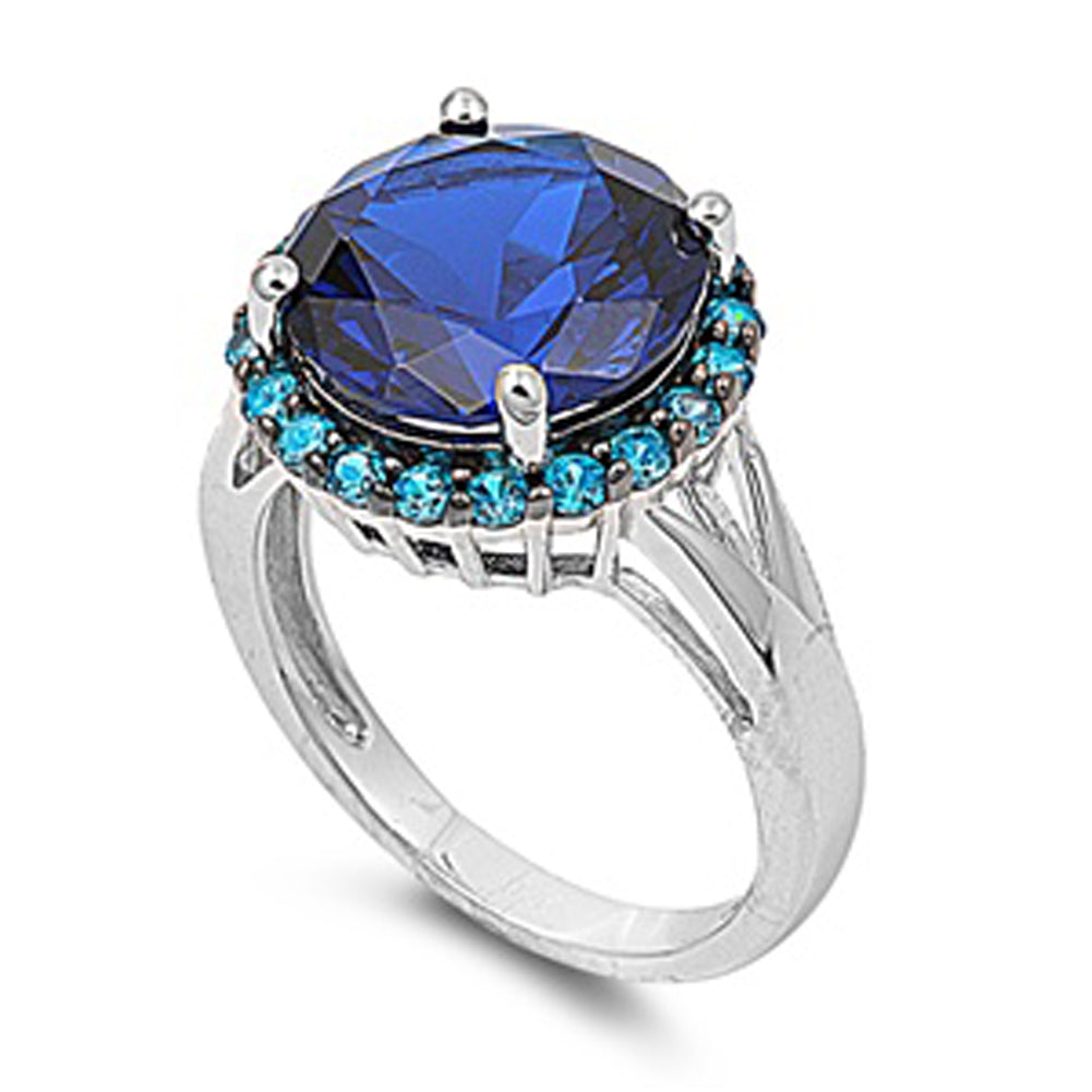 Blue Sapphire CZ Unique Halo Modern Ring New 925 Sterling Silver Band Sizes 5-10