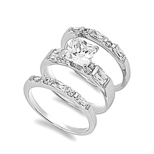 Sterling Silver Princess Cut CZ Engagement Ring Wedding Band 3 Ring Sizes 5-10