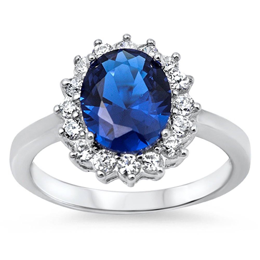 Blue Sapphire CZ Flower Solitaire Elegant Ring Sterling Silver Band Sizes 4-11