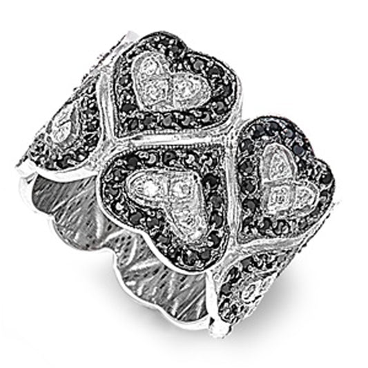 Black CZ Heart Cuff Eternity Love Ring New .925 Sterling Silver Band Sizes 6-10