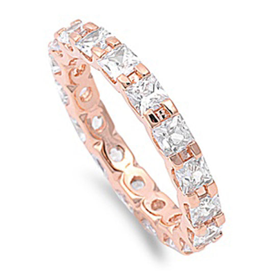 Rose Gold-Tone Eternity Square Clear CZ Ring 925 Sterling Silver Band Sizes 4-12