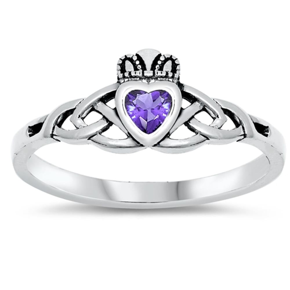 Sterling Silver Woman's Amethyst Claddagh CZ Ring Beautiful Band 8mm Sizes 3-10