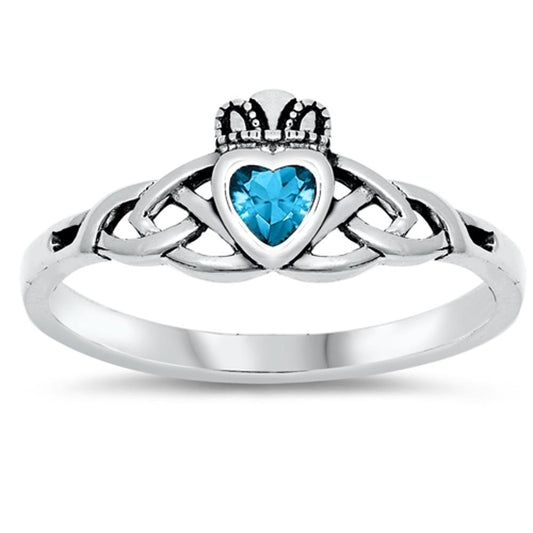 Aquamarine CZ Celtic Heart Claddagh Knot Ring Sterling Silver Band Sizes 3-10