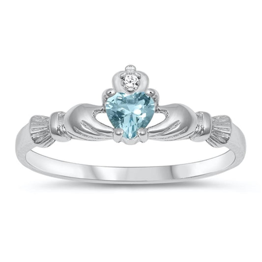 Sterling Silver Irish Claddagh Friendship Ring Aquamarine CZ Heart Sizes 1-9