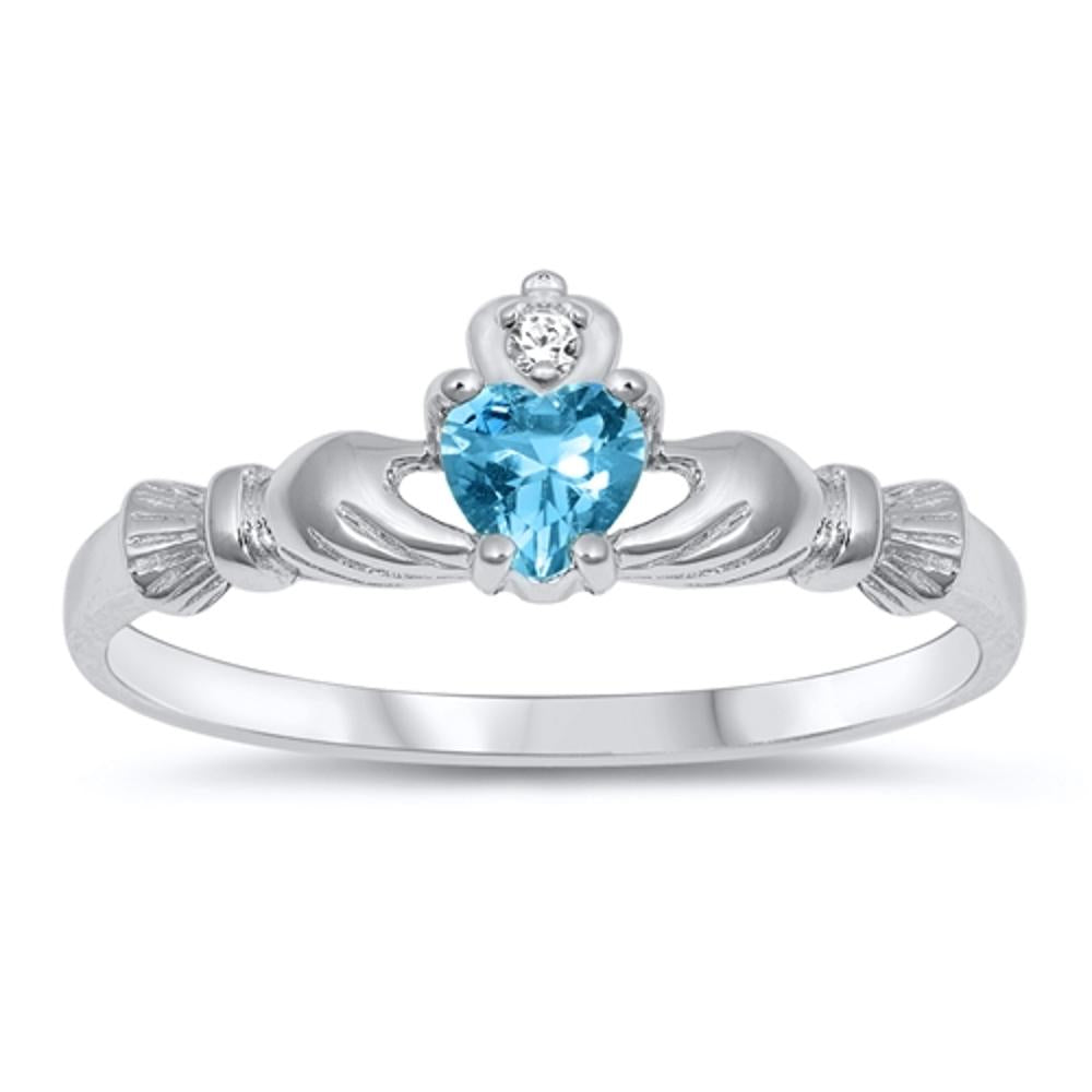 Claddagh Friendship Sterling Silver Ring Blue Topaz CZ Heart Sizes 1-10