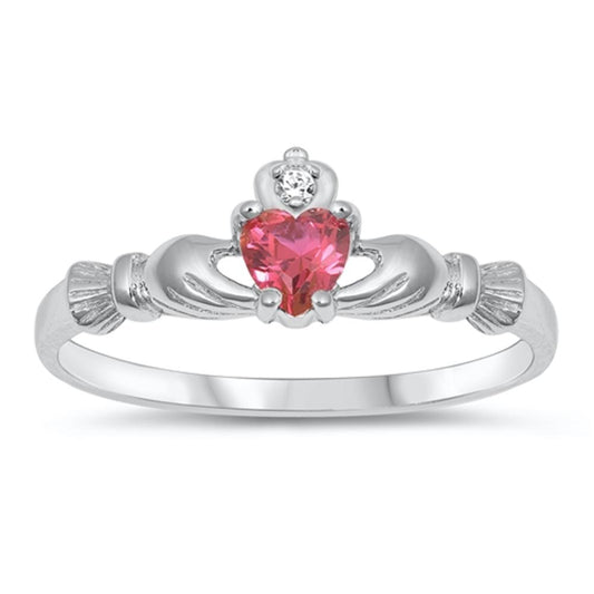 Sterling Silver Claddagh Ring Ruby CZ Traditional Irish Knot Band 925 Sizes 1-9