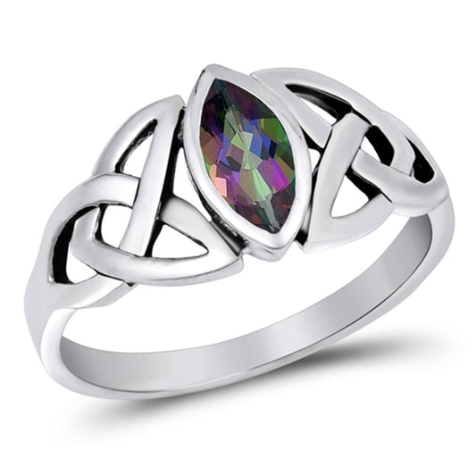 Sterling Silver Rainbow Topaz CZ Ring Irish Celtic Knot Design Band Sizes 5-10