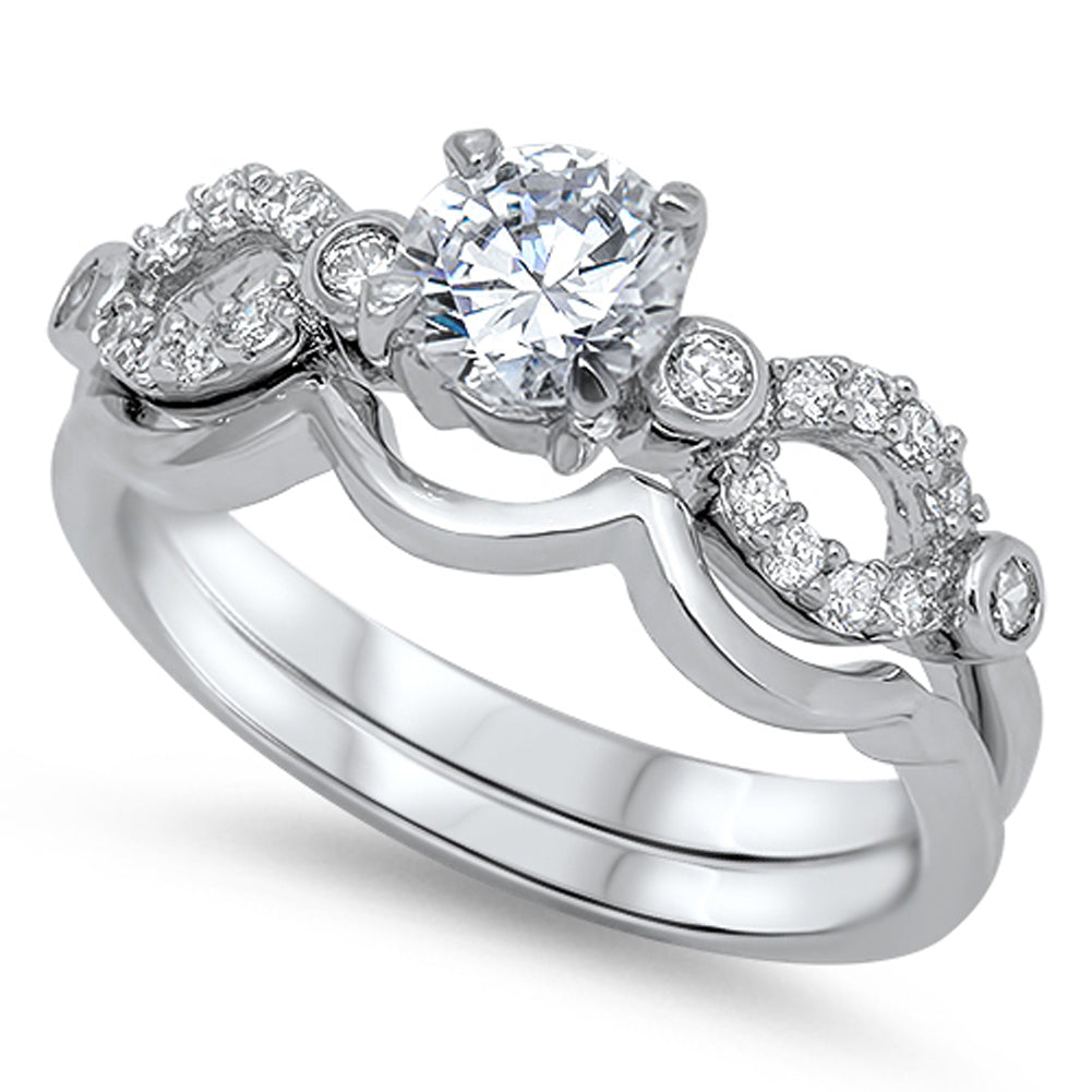 Clear CZ Unique Rounded Solitaire Ring Set .925 Sterling Silver Band Sizes 5-10