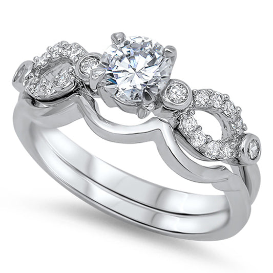 Clear CZ Unique Rounded Solitaire Ring Set .925 Sterling Silver Band Sizes 5-10